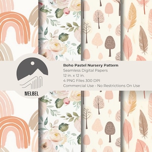 Boho Pastel Nursery Digital Paper Pack Seamless Baby Shower Backgrounds Scrapbook Papers Junk Journal Ephemera Commercial Use