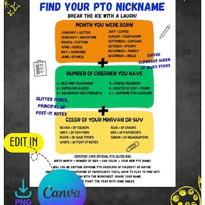 May include: A fun infographic titled "Find Your PTO Nickname." It uses birth month, number of children, and car colour to create a unique nickname. The design includes playful graphics and the Canva logo.