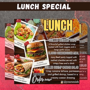 May include: A promotional image for a lunch special, featuring photos of various dishes. The menu includes a grilled chicken wrap, a classic cheeseburger meal, and a grilled shrimp Caesar salad. The image also displays the text "Lunch Special" and "Order now."