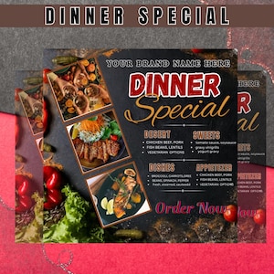 May include: A promotional menu for a dinner special, featuring a black background with red and white text. The menu includes sections for desert, sweets, dishes, and appetizers, with images of the food. The text "Order Now" is also visible.