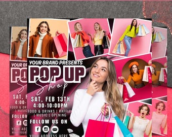 Puede incluir: Un folleto rosa y blanco que promociona una tienda efímera. El folleto incluye imágenes de personas con bolsas de compras, el texto "POP UP SHOP FLYER" y detalles del evento como la fecha, la hora y el lugar.