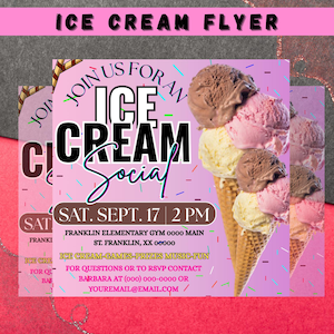 Ice cream flyer template, editable party sign, printable ice cream social menu, birthday or fundraiser flyer design for shop and events