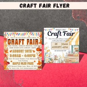 May include: A craft fair flyer with the title "Craft Fair Flyer". The flyer provides details about the event, including the date, time, location, and types of vendors. The design has a seasonal theme with orange and yellow leaves, suggesting an autumn event.