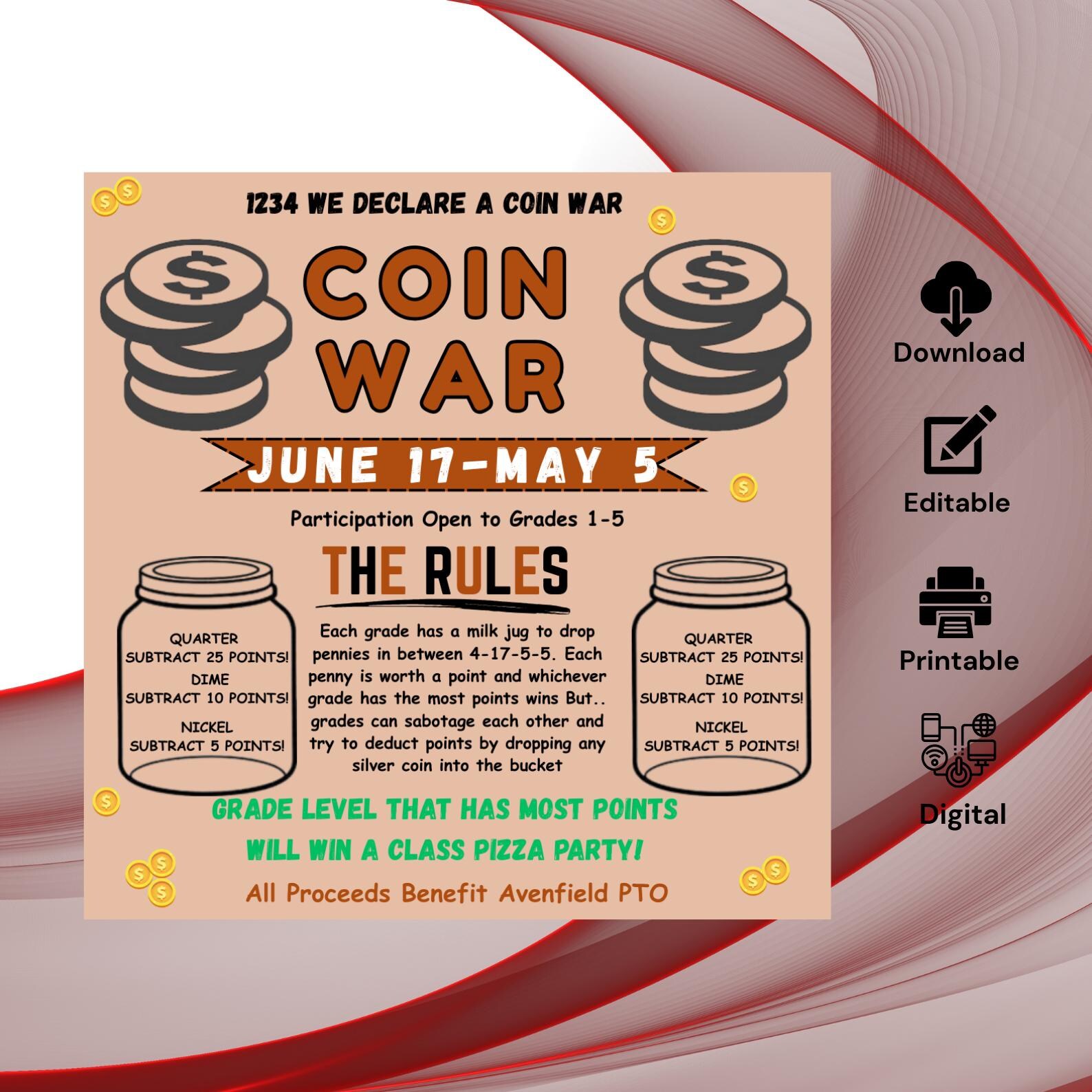 Editable Coin Editable Coin War Flyer: PTA Fundraiser Template (digital Download - Etsy