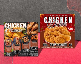 May include: A promotional flyer for a chicken restaurant. The flyer features the text "CHICKEN FLYER" at the top. The flyer includes images of chicken dishes, menu items, and pricing. The flyer also includes the text "CHICKEN Diner" and "FRI, SEPTEMBER 16".