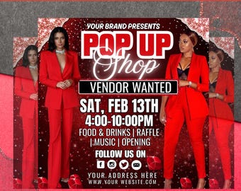 Puede incluir: Un folleto rojo para un evento de tienda pop-up. El diseño incluye el texto "POP UP SHOP" en una fuente destacada, junto con información del evento como la fecha, la hora y las actividades. También presenta imágenes de personas con trajes rojos.