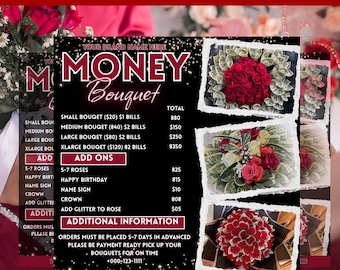 Folleto de lista de precios de ramo de dinero, lista de precios de flores de dinero editables, folleto de flores DIY, reserva de graduación, folleto de descarga digital,