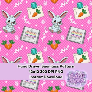 Peut inclure: Motif sans couture rose avec des lapins de dessin animé, des carottes et des appareils électroniques. Le motif comprend des œufs de Pâques et des brins. Le texte "Hand Drawn Seamless Pattern" et "Instant Download" est également présent.