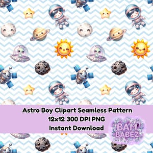 May include: A seamless pattern featuring cartoon astronauts, planets, stars, and other space-themed elements. The design includes a light blue and white chevron background. The text "Astro Boy Clipart Seamless Pattern" is visible.