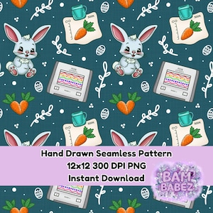 Peut inclure: Motif sans couture avec des lapins de dessin animé, des carottes et des tasses à mesurer sur fond bleu canard. Le motif comprend une balance avec le texte "PETER ACCURATENESS". Des brins blancs et des œufs de Pâques complètent le motif.