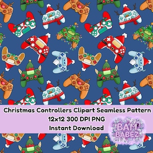 May include: Seamless pattern featuring Christmas-themed game controllers on a dark blue background. Controllers are decorated with Santa hats, reindeer antlers, and Christmas tree designs in red, green, brown, and blue. The text reads "Christmas Controllers Clipart Seamless Pattern".