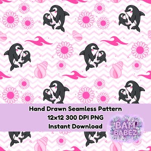 May include: Seamless pattern featuring cartoon dolphins, flowers, seashells, and wave shapes in shades of pink and white. The design includes the text "Hand Drawn Seamless Pattern" and "Instant Download".