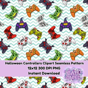 May include: Seamless pattern featuring Halloween-themed game controllers. The controllers are designed with spooky elements like bats, pumpkins, zombies, and witch hats. The background has a light blue and white zigzag pattern. The text reads "Halloween Controllers Clipart Seamless Pattern".