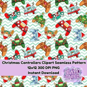 May include: Seamless pattern featuring Christmas-themed video game controllers. The controllers are decorated with festive elements like Santa hats, reindeer antlers, and Christmas trees. The background has a light green and white zig-zag pattern. The text says "Christmas Controllers Clipart Seamless Pattern".