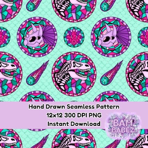 May include: Seamless pattern featuring dinosaur skulls and meteor illustrations in a stained-glass style. The design incorporates pink, purple, teal, and green colors. The text on the image reads "Hand Drawn Seamless Pattern" and "Instant Download".