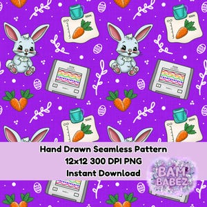 Peut inclure: Motif sans couture avec des lapins de dessin animé, des carottes et des œufs de Pâques sur fond violet. Le motif comprend une balance numérique, une tasse et des brins. Le texte indique "Hand Drawn Seamless Pattern", "12x12 300 DPI PNG", et "Instant Download".