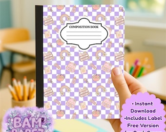 Cubierta de cuaderno de composición, material escolar retro rosa a cuadros PNG