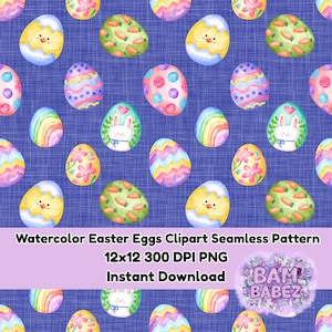 May include: Watercolor Easter eggs in a seamless pattern on a blue background. The eggs feature various designs, including chicks, carrots, bunnies, and floral patterns. The text "Watercolor Easter Eggs Clipart Seamless Pattern" is displayed.