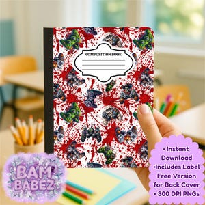 May include: Composition book with a white cover featuring a pattern of video game controllers and mummy-themed characters on a red splatter background. The book has a black spine and the words "COMPOSITION BOOK" on the cover.