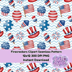 May include: A seamless pattern featuring patriotic imagery, including American flags, Uncle Sam hats, balloons, cupcakes, and popsicles in red, white, and blue. The design is set against a light blue and white chevron background. The text reads: Firecrackers Clipart Seamless Pattern.