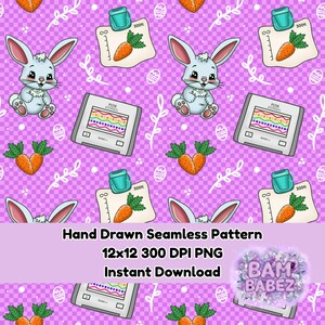 Peut inclure: Motif sans couture avec des lapins de dessin animé, des carottes et des appareils électroniques sur un fond violet à carreaux. Le motif comprend le texte "Hand Drawn Seamless Pattern" et "Instant Download". Le motif est de 30,48 x 30,48 cm.
