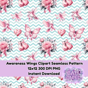 May include: Seamless pattern with pink butterflies, flowers, hummingbirds, doves, boxing gloves, and hearts on a blue and white chevron background. The text "Awareness Wings Clipart Seamless Pattern" is displayed.