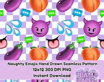 Naughty Emojis Adult NSFW 18+ Funny Purple Checkered Seamless Hand Drawn Pattern PNG