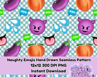 Naughty Emojis Adult NSFW 18+ Funny Teal Plaid Seamless Hand Drawn Pattern PNG