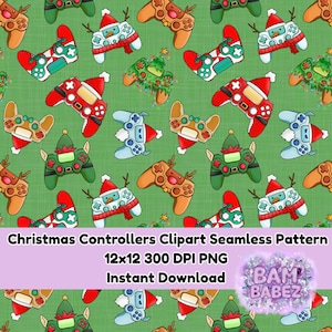 Puede incluir: Un patrón sin costuras con varios mandos de juego con temática navideña sobre un fondo verde. Los mandos están decorados con gorros de Papá Noel, cuernos de reno y luces navideñas. El texto "Christmas Controllers Clipart Seamless Pattern" es visible.