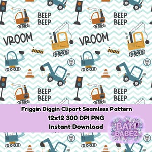 May include: Seamless pattern featuring construction vehicles like excavators and cranes in shades of blue, orange, and yellow, with the words "VROOM," "BEEP BEEP," and "DIG IT." The background has a light blue and white chevron pattern.