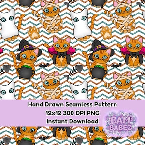 May include: A seamless pattern featuring cartoon cats dressed as mummies, witches, and vampires, along with ghost cats and paw prints. The background has a chevron design in brown and teal. The text "Hand Drawn Seamless Pattern" is visible.
