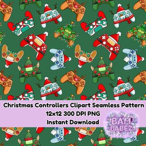 May include: Seamless pattern featuring various Christmas-themed game controllers on a green background. Controllers are decorated as snowmen, Christmas trees, and reindeer, in red, green, brown, and blue. The pattern includes the text "Christmas Controllers Clipart Seamless Pattern".