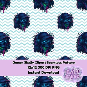 May include: Seamless pattern featuring a gamer skull design. The skull is wearing a cap and headphones, with glowing blue eyes and colorful dripping accents. The background has a light blue and white zigzag pattern. The text "Gamer Skully Clipart Seamless Pattern" is visible.