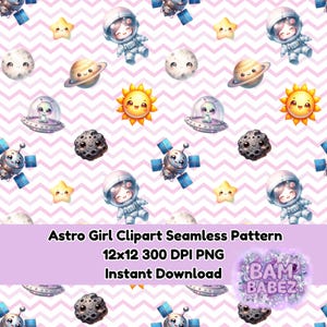 May include: A seamless pattern featuring cartoon astronauts, planets, stars, and alien spaceships on a pink and white chevron background. The text "Astro Girl Clipart Seamless Pattern" is displayed, along with other details.