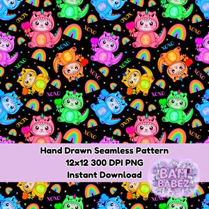May include: A seamless pattern featuring colorful cartoon cats in dinosaur costumes, holding heart-shaped lollipops, and rainbows on a black background. The design includes the text "XOXO" and "LOVE" and the words "Hand Drawn Seamless Pattern", "12x12 300 DPI PNG", and "Instant Download".