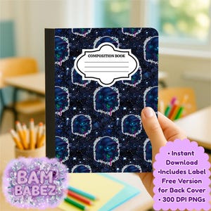 May include: Composition book with a dark blue background and a repeating pattern of skull graphics wearing headphones. The cover has a white label that says "COMPOSITION BOOK".