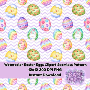 May include: Watercolor Easter eggs seamless pattern with a chevron background. The eggs feature various designs, including chicks, carrots, bunnies, and floral patterns. The color palette includes pastels like blue, yellow, pink, and green. The text reads "Watercolor Easter Eggs Clipart Seamless Pattern".