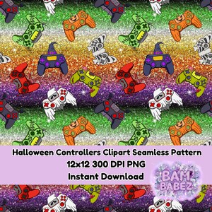 May include: A seamless pattern featuring colorful Halloween-themed game controllers. The controllers are in various colors, including green, orange, red, and purple, with a glittery background. The text "Halloween Controllers Clipart Seamless Pattern" is also present.