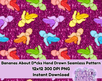 Rainbow Pride Gay LGBT+ Bananas for D*cks Adult NSFW 18+ Funny Pink Glitter Seamless Hand Drawn Pattern PNG