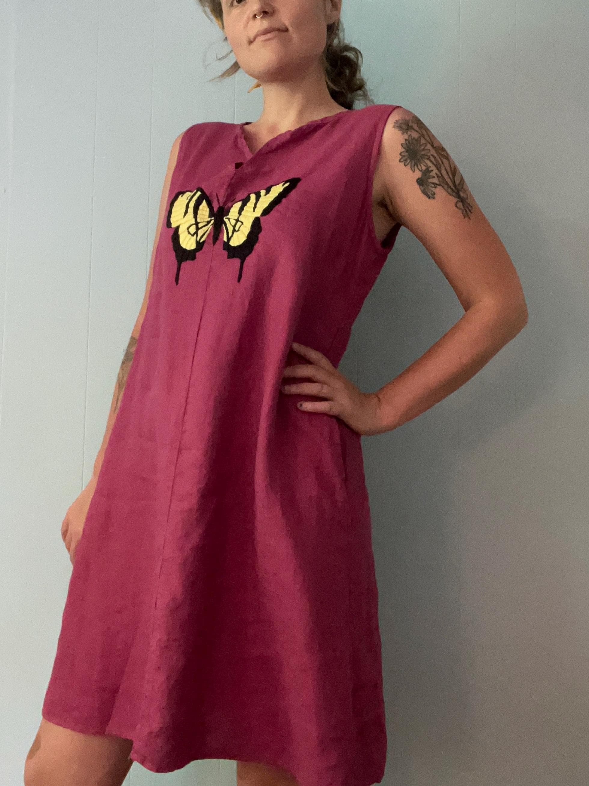butterfly linen dress Montauk Dress Linen Cotton Neutral Butterfly Print L