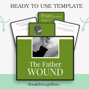 May include: A digital template titled "The Father Wound" with a green background and a black and white image of a hand reaching up. The template includes the text "Ready to Use Template", "Reflection Journal", "Mirror Work, Reclaiming Your Worth", and "Final Empowerment Note".
