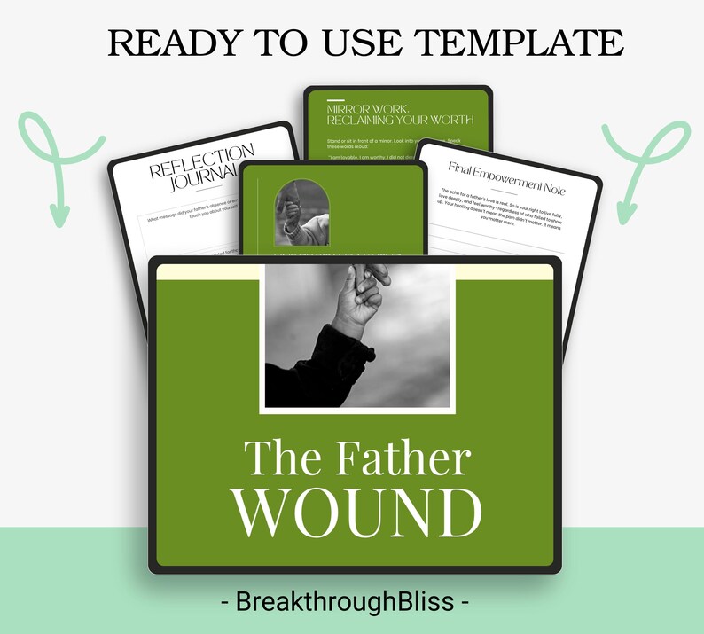May include: A digital template titled "The Father Wound" with a green background and a black and white image of a hand reaching up. The template includes the text "Ready to Use Template", "Reflection Journal", "Mirror Work, Reclaiming Your Worth", and "Final Empowerment Note".