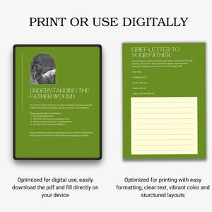 May include: Two digital templates on a white background. One is a green tablet with text "Understanding the Father Wound". The other is a green page with "Grief Letter to Your Father". Text at the top says "Print or Use Digitally".