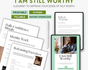 May include: A digital self-worth restoration guide titled "I Am Still Worthy" with a green and white design. The image includes a tablet and a laptop displaying the guide, along with printed worksheets and a pen. The guide is designed for Black women.