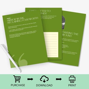 May include: A set of green journal pages with text about self-worth and healing, including the phrases "Mirror Work, Reclaiming Your Worth" and "Understanding the Wound." A white pen rests on the pages. The image also includes icons for purchase, download, and print.