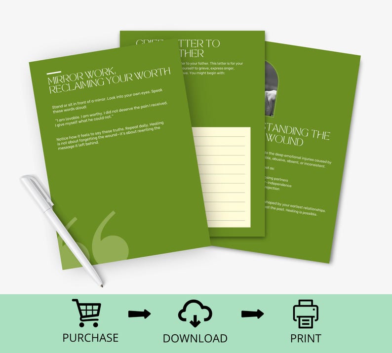 May include: A set of green journal pages with text about self-worth and healing, including the phrases "Mirror Work, Reclaiming Your Worth" and "Understanding the Wound." A white pen rests on the pages. The image also includes icons for purchase, download, and print.