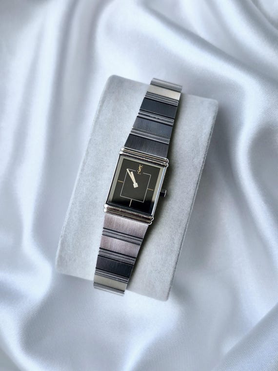 Saint Laurent, Vintage YSL Yves Saint Laurent Tank Watch – Black Dial Two-Tone Details • Near Mint
