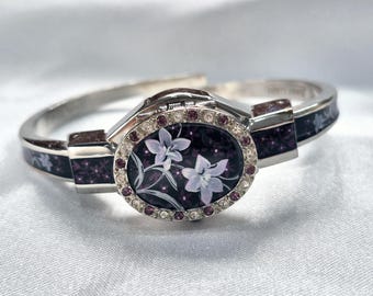 André Mouche Peekaboo Floral Bangle Watch – Swiss Made, Petite Wrist, Vintage Jewelry