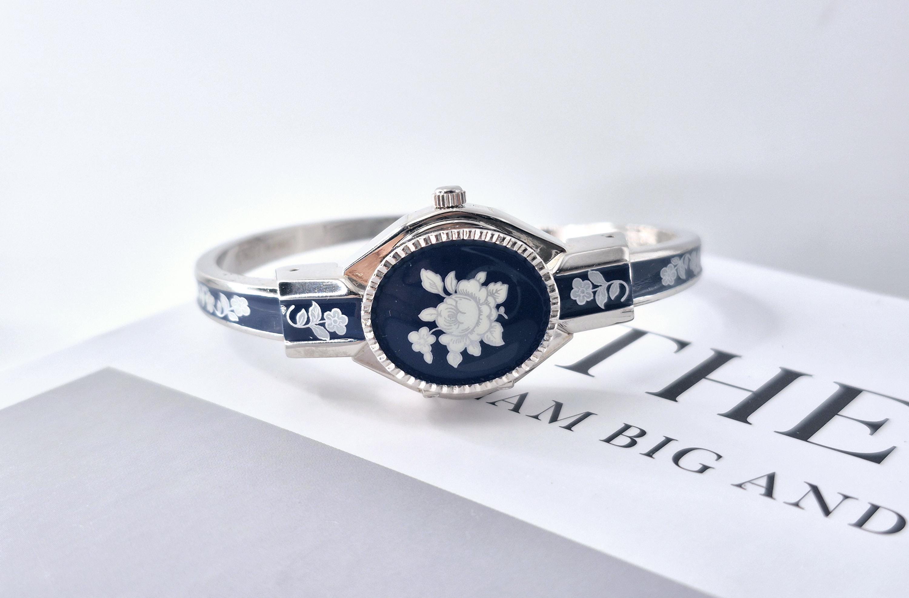 Swiss made Andre Mouche Silver-tone Ceramic Inlay Watch with Blue Floral Dial Vintage Andre Mouche Floral Enamel Bangle Watch: Swiss Made  main image 2