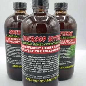 May include: Three brown glass bottles of Soursop Bitters, a natural remedy. Each bottle has a black cap and a label with red and white text. The labels list ingredients and health benefits.